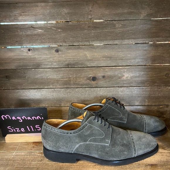 Mens Magnanni Gray Suede Cap Toe Brogue Oxford Dress‎ Shoes Size 11.5 M GUC - Picture 1 of 6